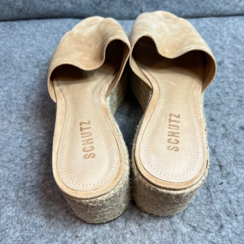 Schutz Tan Suede Espadrille Wedge Platform Sandals Mules Summer 8 Made In Brazil